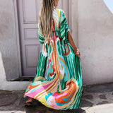 Elegant Deep V Neck Printing Hem Maxi Dresses Women Casual Button Elastic Waist Long Party Dress Summer Loose Slit Beach Dress