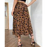 Casual Beach Split Midi Skirts Ladies Girls High Waist Leopard Printing A-line Skirts Women Fashion Summer Autumn Clothing