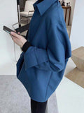 Woloong  Loose Blue Shirt For Women V Neck Long Sleeve Solid Minimalist Vintage Blouses Female Korean Fashion Clothing Style