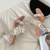 woloong New Transparent PVC String Bead Shoes Woman Fashion Open Toe Slippers Crystal Perspex Heels Slides Beach Sandale Femme