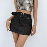 Punk Vintage Cargo Short Skirt With Belt Women Casual Grunge 2000s Mini Pencil Skirts Summer Harajuku Pockets Streetwear