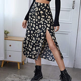 Casual Beach Split Midi Skirts Ladies Girls High Waist Leopard Printing A-line Skirts Women Fashion Summer Autumn Clothing