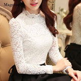 Woloong Fashion Plus Size Lace Crocheted Hollow Out Top Stand-up Collar White Blouse Woman Sweet Long Sleeve Shirts Blusas 1695