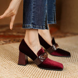 woloong Spring Autumn New Retro Suede High Heels Shoes for Women Square Toe Square Heel Shoes for Women 7cm High Heels Womens Shoes