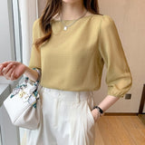 Woloong Summer Short Sleeve Chiffon Shirts Ladies Korean Chic Plaid Lantern Sleeve Loose Blouse Women Fashion Slash Neck Tops 15214