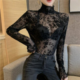 Girls Transparent Flocking Mesh Blouses Shirts Tees Female Turtleneck Sexy Full Sleeve Blouses Tops For Women