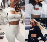 Woloong  Short Sweatshirts Women Autumn Long Sleeve Black White Sweatshirt Fashion Crop Top Jacket Jumper Pullover Tops Clubwear Tank Top