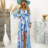 Elegant Deep V Neck Printing Hem Maxi Dresses Women Casual Button Elastic Waist Long Party Dress Summer Loose Slit Beach Dress