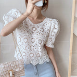 New Vintage Summer Pullover Tops Women Puff sleeve Hollow out shirt Female Retro Perspective Lace blouse