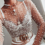 Woloong  See Through Diamond Beads Mesh Women Tops Black Long Sleeve Round Neck Short Tops Women Spring Skinny Fashion Streetwear