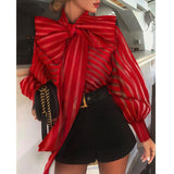 Woloong Aiertu  New Fashion Women's Puff Long Sleeve Striped Blouses Bow Collar Shirts Streetwear Ladies Casual Mesh Tops Camisas Blusa Mujer