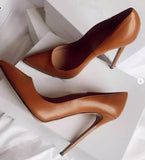 woloong Brown Matte Leather High Heel Shoes Sexy Pointed Toe Women Pumps Super High 12/10cm Stiletto Heels Office Lady Shoes