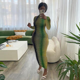 woloong Slip Long Sleeves Sexy See Through Bodycon Maxi Dress  Summer Fall Women Fashion Club Color Print Clothes Y2K Robe