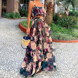 Women Summer Boho Beach Two Piece Set Sexy Skirt Set Crop Top+Maxi Long Skirt Floral Printed Ruffles High Waist Casual Two Piece