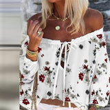 Woloong Elegant Lace-Up Tassel Chic Blouses Shirts  Summer Vintage Floral Print Boho Tops Women Sexy Off Shoulder Flare Sleeve Blusa