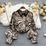 Autumn Puff Sleeve Shirts Blouse Women Floral Long Sleeve Lapel Buttons Vintage Shirts Elegant Blouses Tops Female GD631