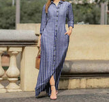 woloong  Women Long Sleeve Long Maxi Dress Summer Vintage Checked Plaid Turn Down Neck Shirt Dresses Button Up Party Vestidos Robe