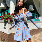 woloong  Sexy Off Shoulder Lace Up Women Dress Blue Long Sleeve Strapless Mini Dress Women Autumn Slim Fashion Streetwear Vestido