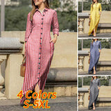 woloong  Women Long Sleeve Long Maxi Dress Summer Vintage Checked Plaid Turn Down Neck Shirt Dresses Button Up Party Vestidos Robe