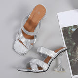 Silver Snake Print Womens Slippers Sandals Fashion Square Toe Transparent Strange Heels Mules Party Shoes Female Size 34-46