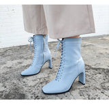 woloong Size 35-42 New Style Square Head Punk Women Ankle Boots Fashion Cross Strap Winter Autumn Zipper High Heels Shoes