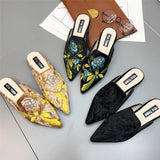 woloong  Spring Women Slipper Embroidery Flower Sandal Shoes Slip On Pointed Toe Mules Low Heel Casual Slides Big Size 41