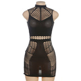 Woloong Seductive Fishnet Perspective Cut Out Long Sleeve Dress