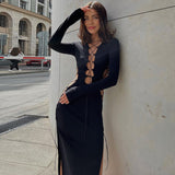 Woloong Sultry Hollow-Out Lace-Up Bodycon High Slit Long Sleeves Dress