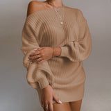 Woloong Casual Off-Shoulder Lantern Sleeve Knit Sweater Dress