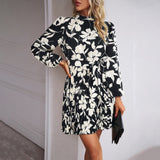 Woloong Vacation Leisure Long Sleeve Round Neck Pleated Short Printed Dress