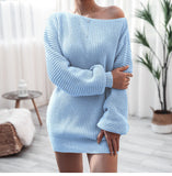 Woloong Casual Off-Shoulder Lantern Sleeve Knit Sweater Dress