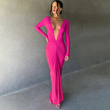 Woloong Fashionable and Sensual V-Neck Bodycon Pleated Solid Color Long Sleeve Dress