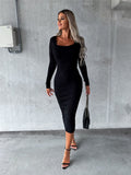 Woloong Solid Color Square Neck Elegant Bodycon Dress