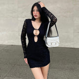 Woloong Lace Long Sleeve Sexy Hollow Out Bodycon Mini Dress