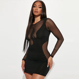 Woloong Chic Mesh Panel Long Sleeve Dress