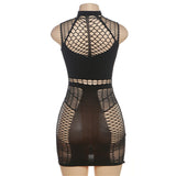 Woloong Seductive Fishnet Perspective Cut Out Long Sleeve Dress