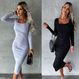 Woloong Solid Color Square Neck Elegant Bodycon Dress