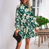 Woloong Vacation Leisure Long Sleeve Round Neck Pleated Short Printed Dress