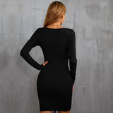 Woloong Sultry V-Neck Drawstring Waist Bodycon Knit Long Sleeve Dress