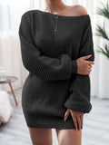 Woloong Casual Off-Shoulder Lantern Sleeve Knit Sweater Dress