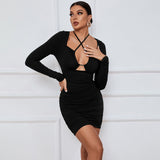 Woloong Sultry Hollow Out Lace-Up Bodycon Long Sleeves Mini Dress