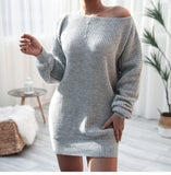 Woloong Casual Off-Shoulder Lantern Sleeve Knit Sweater Dress