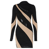 Woloong European and American Style Fashion Patchwork Hollow Out Long Sleeve Bodycon Dress