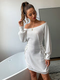 Woloong One-Shoulder Bubble Sleeve Knit Work Dress