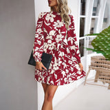 Woloong Vacation Leisure Long Sleeve Round Neck Pleated Short Printed Dress