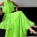 Women Elegant Loose Pleated Long Party Dress Ladies Summer Sexy Sleevelss Dress Fashion High Street Cascading Ruffle Maxi Dress