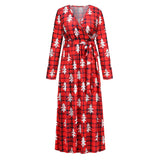 Christmas Print Long Dress for Women Autumn V-neck Knitting  A-LINE Belt Slim Ankle-Length