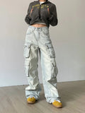 Woloong Cargo Jeans Women Y2k Vintage Distressed Multi-pocket Trousers Winter Fashion Original Streetwear Grunge Baggy Wide Denim Pants