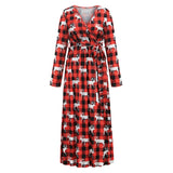 Christmas Print Long Dress for Women Autumn V-neck Knitting  A-LINE Belt Slim Ankle-Length