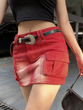 Woloong Punk Denim Skirt Women Streetwear Low Rise Pocket Patchwork Mini Wrap Cargo Skirts Y2k Aesthetic Jean Bottoms Goth Style